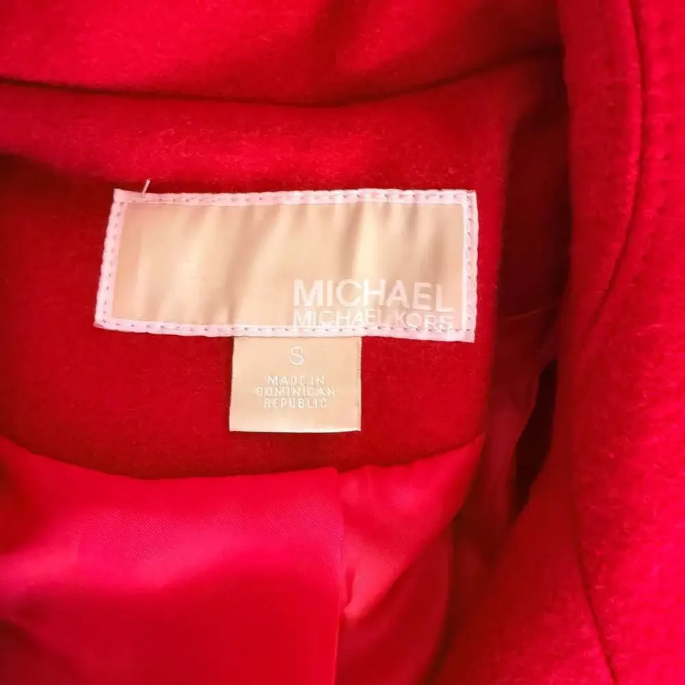 Michael Kors Red Asymmetrical Belted Wool Blend Peacoat with Gold Hardware